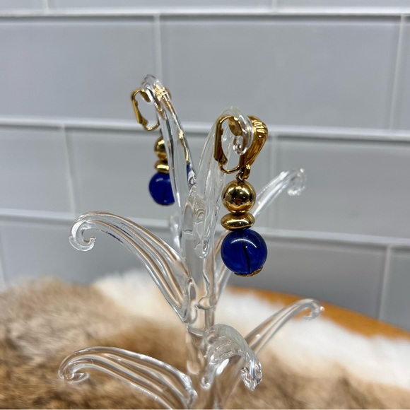 Ornate Gold Tone Dangle Earrings, Cobalt Blue Lucite/ Glass Bead Vintage Clip On - Picture 4 of 7